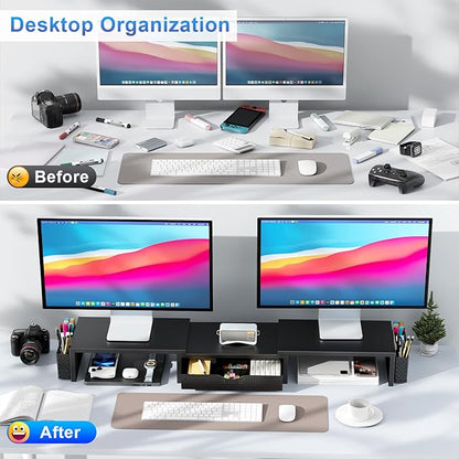 gianotter Dual Monitor Stand Riser, Desk Organizer With Drawer and 2 Pen Holders, Computer Monitor Stand, Shelf for Top of Desk, Black - Image 2