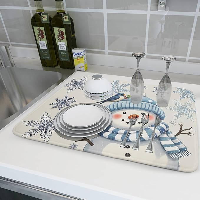 Winter Snowman Dish Drying Mat for Kitchen Counter 18x24 Blue Snowflake Bird Christmas Holiday Absorbent Reversible Microfiber Drying Mats Kitchen Countertop Protector Dishes Drainer Rack Pad - Image 6