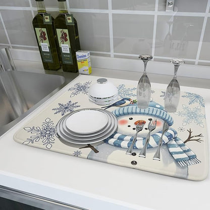Winter Snowman Dish Drying Mat for Kitchen Counter 18x24 Blue Snowflake Bird Christmas Holiday Absorbent Reversible Microfiber Drying Mats Kitchen Countertop Protector Dishes Drainer Rack Pad - Image 6