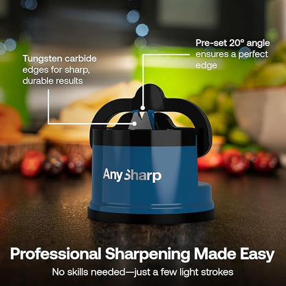 AnySharp – Global – Hands Free Knife Sharpener - Easy to Use Sharpening Tool with PowerGrip Suction Base and 20-Degree Pre-Set Angle - for All Knives: Chef's, Serrated, and Hardened Steel - Blue - Image 3