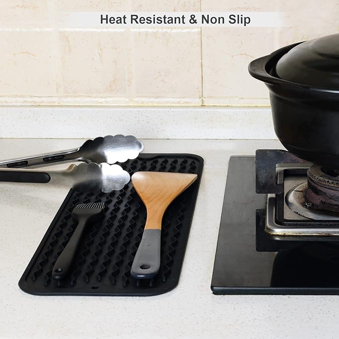 ZLR 2 Pcs Silicone Sponge Holder & Sink Caddy Tray (6" x 17") - Narrow Dish Drying Mat for Kitchen Counter - Waterproof Soap Dispenser Organizer, Non-Slip Bathroom Vanity Tray (Black) - Image 4