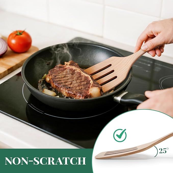 3Pcs Wooden Spatulas, 12inch Long Handle Slotted Turner Spatula Set, Uncoated Beech Wood Cooking Spoons for Non-Stick Cookware, Kitchen Utensils Set for Frying, Flipping, Scraping and Turning - Image 4