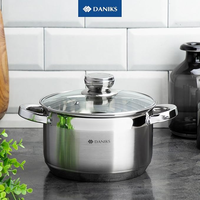 Daniks Standard 2 Quart Stainless Steel Stock Pot with Glass Lid, Tri-Ply Bottom for Even Heating, Induction Compatible, Dishwasher Safe, Built-In Measuring Scale, Silver