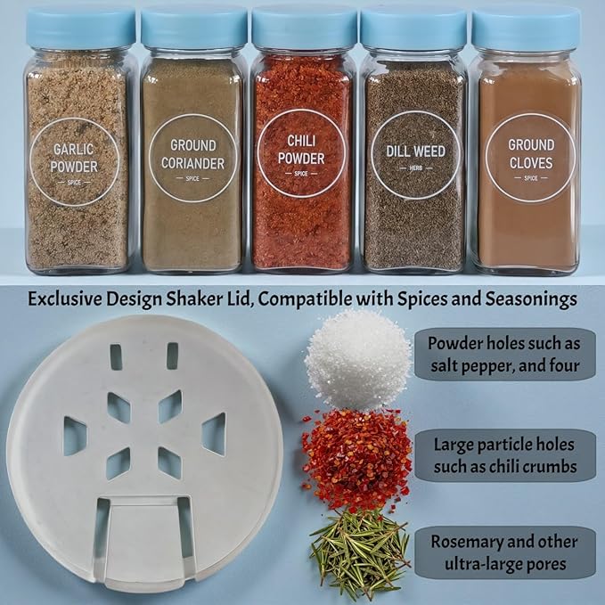 Spice Jars with Labels - 24 Glass Spice with Shaker Lids & Airtight Plastic Caps - 4oz Complete Seasoning Containers Organizer Set for Cabinet, Drawer & Rack (Skyblue) - Image 4