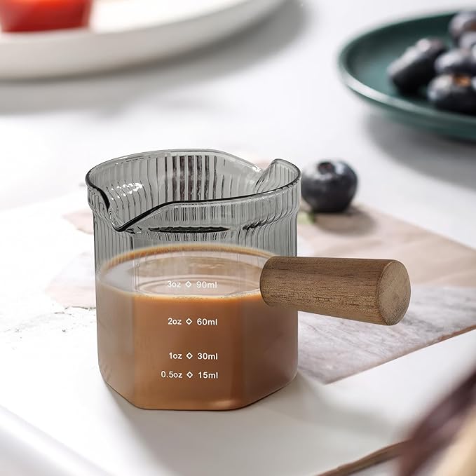 Joeyan 4 oz Grey Double Spouts Measuring Triple Pitcher Milk Cup with Wood Handle,Ribbed High Borosilicate Glass Measuring Cup, Espresso Shot Glasses - Image 5