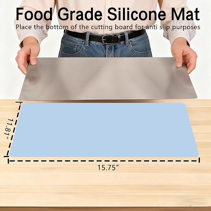 Large Stainless Steel Cutting Boards for Kitchen, Chopping Boards with Blue Non-slip Mat, Cutting Board with Counter Lip for Meat, Fruits, Vegetables, Bread,Dough(15.75" × 11.81")