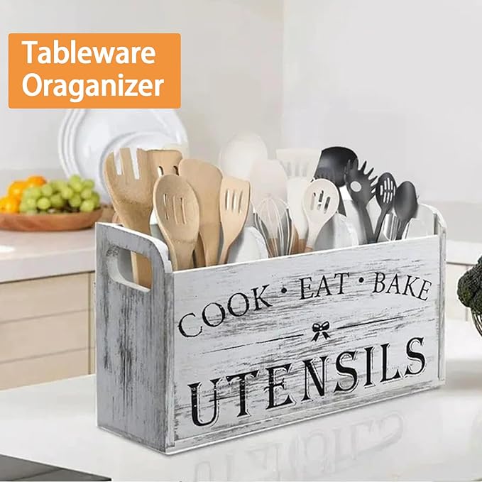 Utensil Holder,Wooden Utensil Holder for Kitchen Counter, Cooking Utensil Organizer with 3 Compartments,Utensil Crock for Silverware Spoon Spatula - Image 4