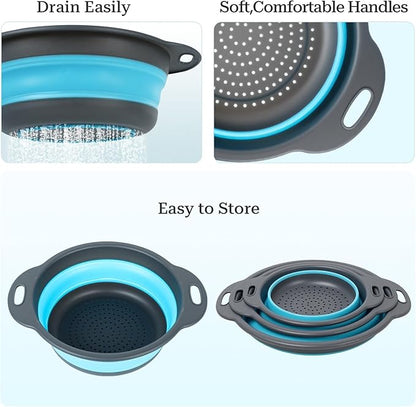 Collapsible Colander 3-Pack Set Space-Saving Foldable Kitchen Strainer with Non-Slip Base Durable Thickened PP+TPE Collapsible Strainers for Pasta, Vegetables, Fruits (Gray-Blue) - Image 4