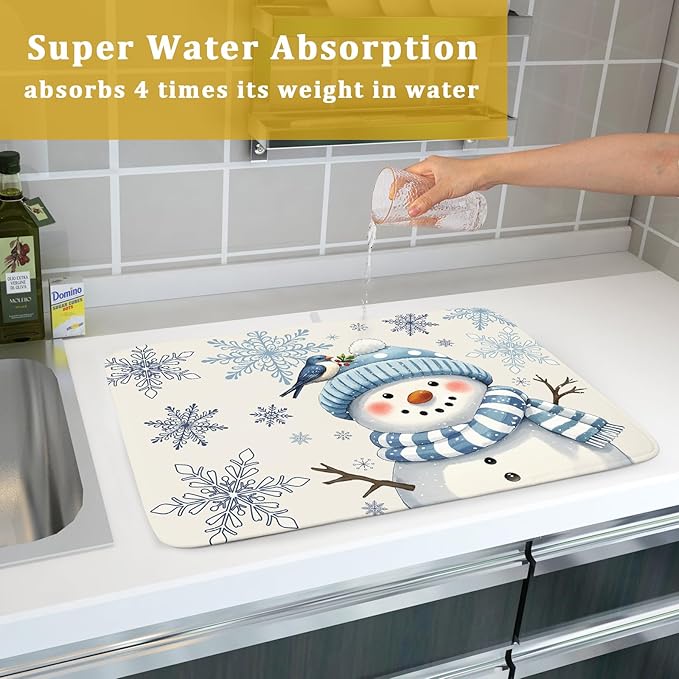Winter Snowman Dish Drying Mat for Kitchen Counter 18x24 Blue Snowflake Bird Christmas Holiday Absorbent Reversible Microfiber Drying Mats Kitchen Countertop Protector Dishes Drainer Rack Pad - Image 7