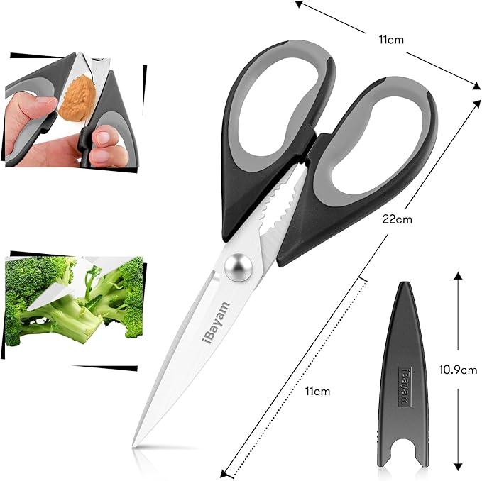 Kitchen Gadgets Utensils Set for Home, iBayam 8.5" Kitchen Scissors with Sheath, Black Cooking Scissors, All Purpose Shears - Image 3