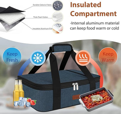 Insulated Casserole Carrier Bag, Expandable Thermal Food Carrier Insulated Travel Carry Bag for Hot or Cold Food for Picnic Cookouts Potluck Parties Fits 9" x 13" Baking Dish (Blue)