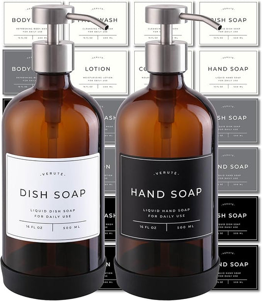 Hand and Dish Soap Dispenser for Kitchen and Bathroom, Set of 2 16 Oz Glass Bottles, Stainless Steel Pumps, Non-Slip Silicone Base, 27 Waterproof Labels (Amber Bottle/Brushed Silver Pump) by Verute