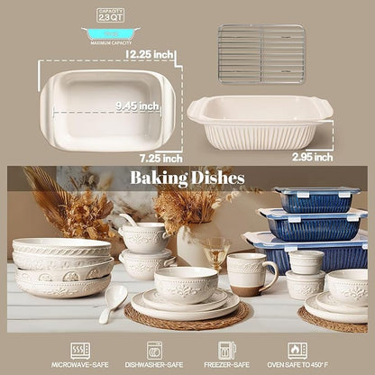 Artena Baking Dish 2.3 Quarts, Casserole Dishes For Oven, Baking Pan With Handles, Lasagna Pan Deep, Large Casserole Dish, Rectangular Ceramic Bakeware, White (Baking Dish With Rack) - Image 2