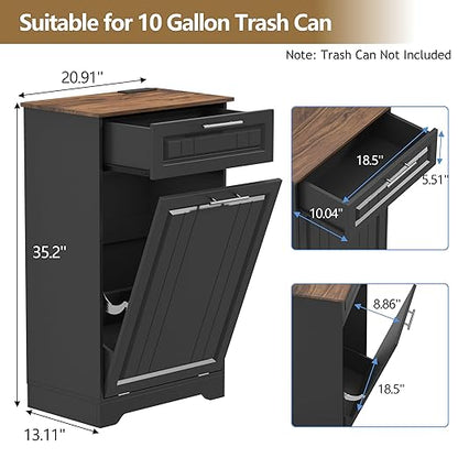 Single 10 Gallon Tilt Out Trash Can Cabinet with Deodorizing Function, Wooden Hidden Garbage Can Holder with Storage Drawers for Kitchen and Dining Room, Laundry Hamper Cabinet for Bathroom, Black