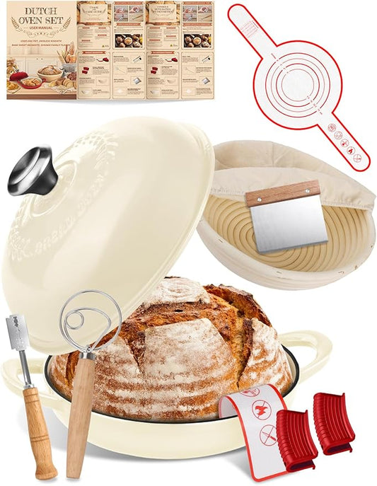 Dutch Oven Bread Baking Pot with Lid 6QT Enameled Cast Iron Oven, White Design & Complete Sourdough Kit (Banneton Basket, Dough Tools, Silicone Sling) for Artisan Bread Making