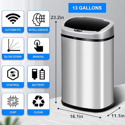 Dkeli Kitchen Trash Can for Bathroom Bedroom Home Office Automatic Touch Free High-Capacity Garbage Can with Lid 13 Gallon / 50L Brushed Stainless Steel Trash Bin