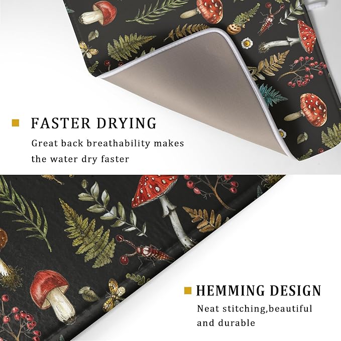 Natural Botanical Dish Drying Mat Mushroom Fern Leaves Berry Drainer Mat Black Drying Pad for Countertop 18 X 24 Inch - Image 3