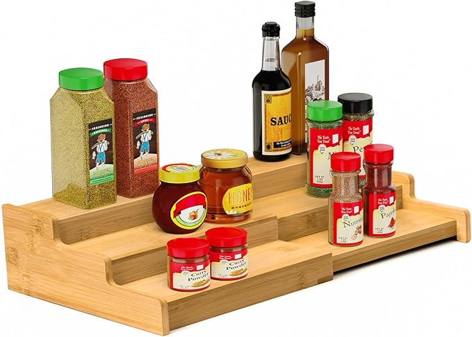 VenDotbi Spice Rack, 3-Tier Expandable Bamboo Spice Rack Organizer for Cabinet - Kitchen, Pantry and Cupboard Storage Organizer by VenDotbi