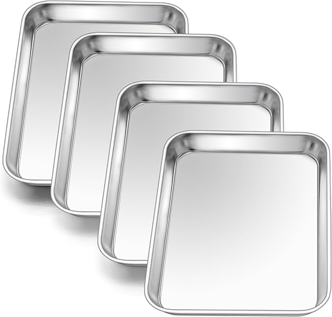 E-far 4 Pack Toaster Oven Trays, 9.4”x7.3” Stainless Steel Small Baking Cookie Sheets, Mini Non-toxic Metal Baking Pans for Cake, Healthy & Rust Free, Mirror Finish & Dishwasher Safe by E-far