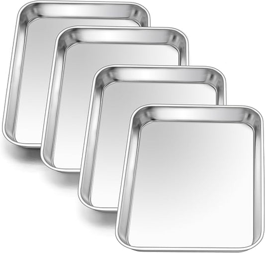 E-far 4 Pack Toaster Oven Trays, 9.4”x7.3” Stainless Steel Small Baking Cookie Sheets, Mini Non-toxic Metal Baking Pans for Cake, Healthy & Rust Free, Mirror Finish & Dishwasher Safe by E-far