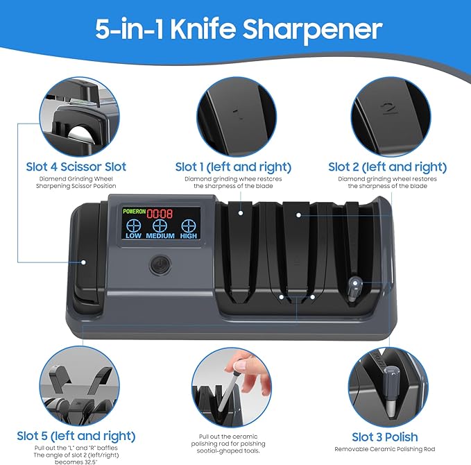 5-in-1 Electric Knife Sharpener for Kitchen Knives, with 100% Diamond Abrasives, 3 Adjustable Speeds, Quickly Sharpening for Straight/Serrated/Kitchen Knives, Scissors - Image 2
