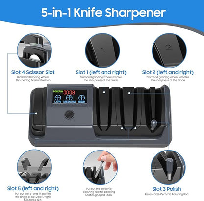 5-in-1 Electric Knife Sharpener for Kitchen Knives, with 100% Diamond Abrasives, 3 Adjustable Speeds, Quickly Sharpening for Straight/Serrated/Kitchen Knives, Scissors - Image 2