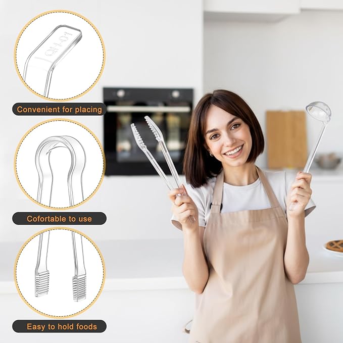 6 Pieces Plastic Serving Utensils Set Including 3 Pcs 1 oz Small Ladle and 3 Pcs Tong Acrylic Long Handle Ladle for Serving Sauce, Soup, Dressing, Punch Bowl, Gravy for Party Banquets Catering(Clear) - Image 3