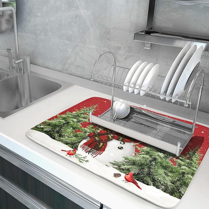 Christmas Dish Drying Mat for Kitchen Counter Snowman Green Christmas Tree Microfiber Absorbent Dish Draining Reusable Washable Foldable Extra Large 18"x24" - Image 5