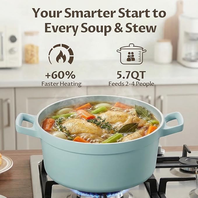 BEZIA 5.7 Quart Nonstick Ceramic Stock Pot with Lid for Family Cooking, Induction Cooking Pot with Smart-Vent Braising, Easy Cleanup, Perfect for Side Dishes, Daily Meals & Camping