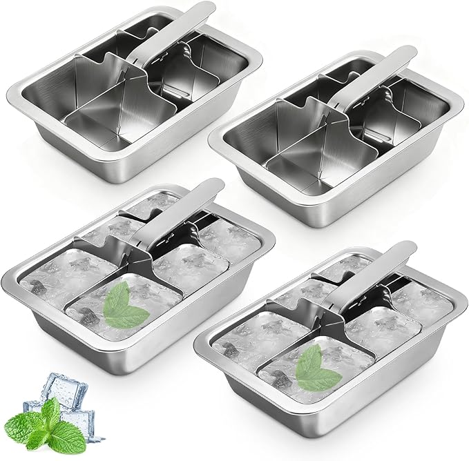 Ice Cube Trays, 4 Pack Large 6-cube Stainless Steel Ice Cube Trays with Easy Release Levers – Portable Reusable Metal Ice Maker for Family Bar - Send Goods From Local Warehouse by Unknown