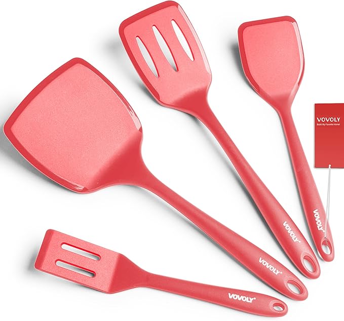 Silicone Spatula Set, 600°F Heat Resistant Silicone Spatula Turner Flipper for Cooking, Non Stick and Non Scratch Kitchen Utensils for Eggs & Pancakes, 4 Pack, Red by VOVOLY