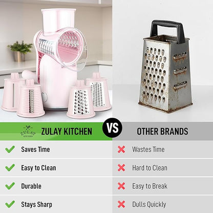 Zulay Kitchen Rotary Cheese Grater 5 Blade Cheese Shredder - Manual Hand Crank Cheese Grater With Reinforced Suction & 5 Interchangeable Drums - Easy to Use, Vegetable Chopper Round Mandoline Slicer - Image 2