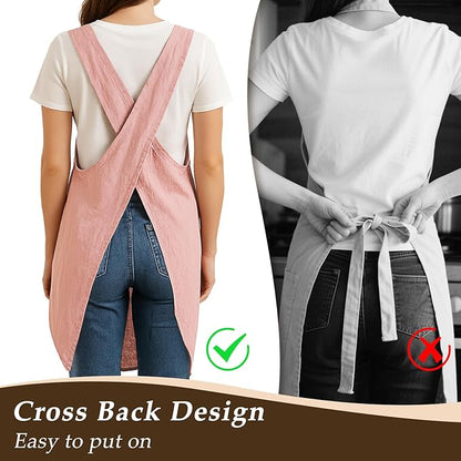 Apron for Women with Pocket Cotton Linen, Japanese Cross Back Apron for Gardening Painting