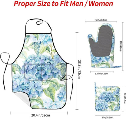 Blue Hydrangea Flowers Watercolor Oven Mitts Pot Holders Cooking Apron Set of 5 Silicone Kitchen Glove Apron Non-Slip Heat Resistant for Chef Baking Cooking Grilling BBQ