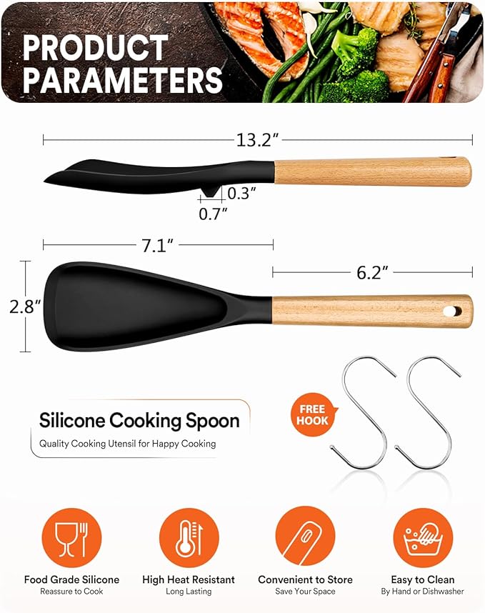 Cooking Spoon for Nonstick Cookwares, Great for Cooking and Serving Sturdy BPA-Free Matte Silicone, Wood Handle Spoon for Mixing, Scoop, and Scrape (Black & Grey, 13.4 inch) - Image 2