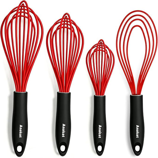 Anaeat Silicone Kitchen Whisk Set of 4, Perfect for Non-Stick Cookware, Milk and Egg Beater Blender for Whisking, Cooking, Baking, Beating - 11'' Flat Whisk and 9''+11''+12'' Balloon Whisks (Red) by Anaeat