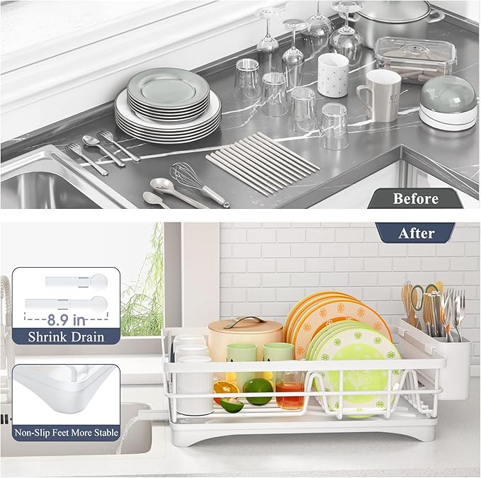 SAYZH Dish Drying Rack - Stainless Steel Dish Rack for Kitchen Counter, Large-Capacity Dish Drainer with Cutlery Holder, Kitchen Organizer for Dishes, Spoons and Forks, White - Image 6