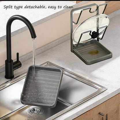 Kitchen Pot Lid Storage Rack, Stainless Steel Pot Lid Holder While Cooking for Countertop, Multifunctional Pots Lids Organizer Rack with Removable Drip Tray for Spatulas, Ladles & Large Lids (Gray1)