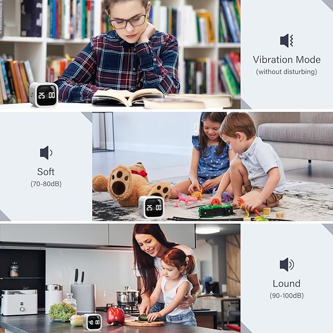 Rotating Pomodoro Timer 5, 25, 10 50 Minutes Preset, Desk Productivity Flip Timer, Cube Countdown Stopwatch for ADHD, Vibration/High/Low Volume, for Work, Study, Back to School, Kitchen, 2 White - Image 6