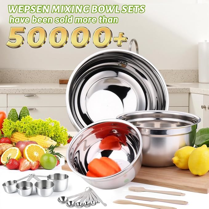 WEPSEN Mixing Bowls Set, 25PCS Khaki Mixing Bowls With Lids Set Stainless Steel Kitchen Large Nesting Metal Bowl 7QT to 1.5QT, Measuring Cups and Spoons for Prepping Cooking Serving - Image 2