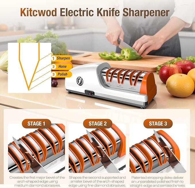 Replaceable Sharpener Electric Knife Sharpener, 3-Stage with 100% Diamond Abrasives & Precision Angle Guides, Kitchen Knife Sharpener with Sharpening and Polishing Function - Image 8
