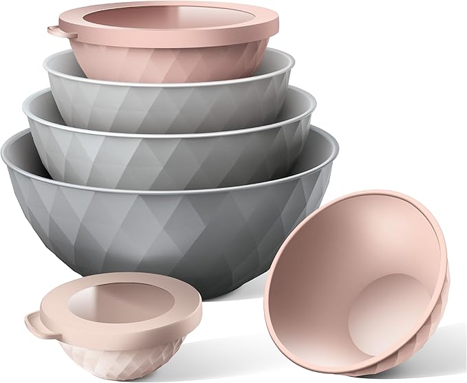COOK WITH COLOR Mixing Bowls with Lids - 12 Piece Plastic Nesting Bowls Set includes 6 Prep Bowls and 6 Lids, Microwave Safe Mixing Bowl Set, Grey/Pink Diamond - Image 6