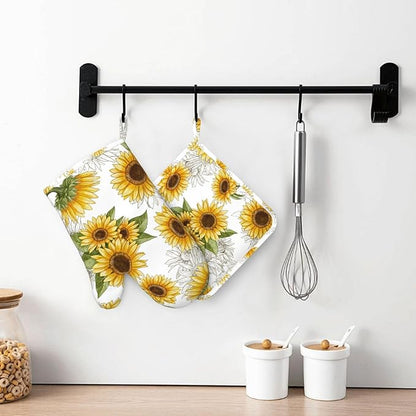 Yellow Sunflower Oven Mitts Pot Holders Set Silicone Heat Resistant Sunflowers Oven Mitts and Hot Pads Yellow Flowers Potholders Non-Slip Oven Gloves for Cooking Baking Grilling BBQ
