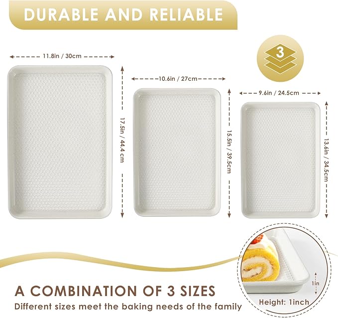 Baking Sheet Pan Set of 3, Nonstick Carbon Steel Cookie Sheets with Texture, Commercial Half/Quarter/Jelly Roll Pans Replacement Toaster Oven Tray, Heavy Duty & Easy Clean, White - Image 2