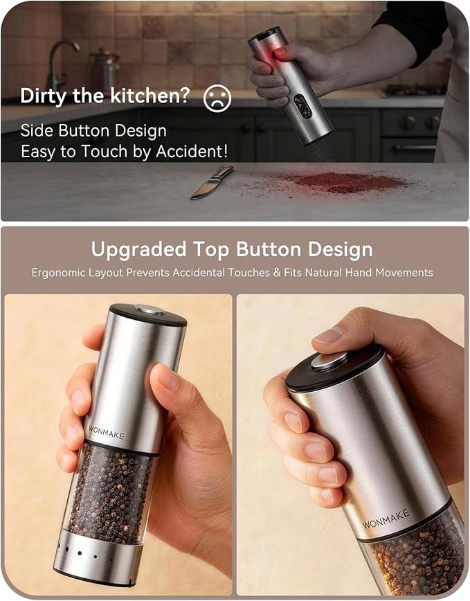 Electric Salt and Pepper Grinder Set, Type-C Rechargeable with LED Battery Level Display, Stainless Steel Salt and Pepper Shakers with Storage Base, Top Button Design, 5 Adjustable Coarseness Levels - Image 4