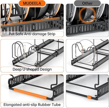 MUDEELA 2 Pack Pots and Pans Organizer Rack for under Cabinet, Expandable Pot Lid Kitchen Cabinet Organizer Holder with 10 Adjustable Compartment Cutting Board Organizer for Pan Lid, Bakeware Sheet - Image 5