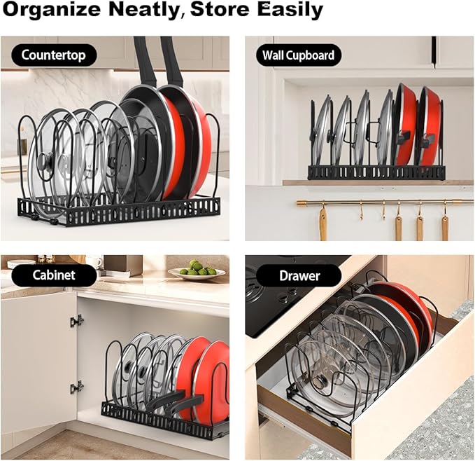 Housolution Pot and Pan Organizer Rack for Cabinet, Pot Lid Organizer with 7 Adjustable Dividers, Pan Holder Storage Rack for Kitchen Cabinet, Black - Image 6