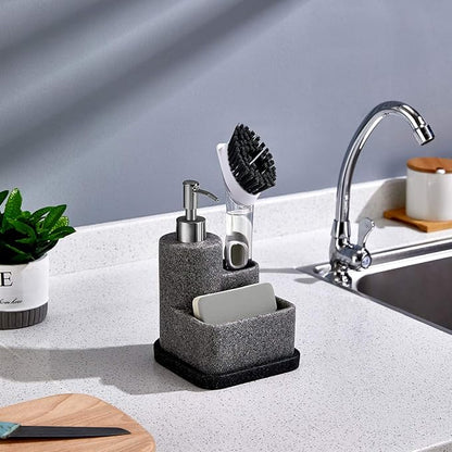 ZCCZ Black Soap Dispenser with Sponge Holder, Kitchen Soap Dispenser Pump, Sponge Caddy and Brush Holder 3 in 1 Set Organizer for Sink Countertop, Removable Tray, Marble Look (Brush NOT Included) - Image 5