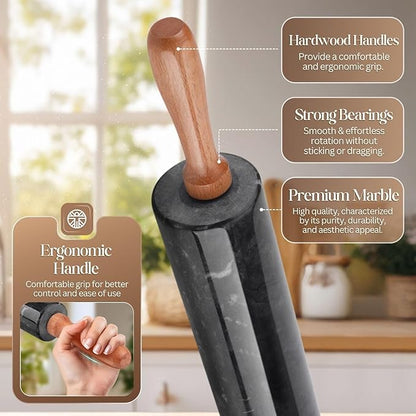 Flexzion Marble Rolling Pin Heavy Nonstick Stone Dough Roller - 10 Inch Polished Barrel with Wooden Handles & Cradle Stand for Baking Pastry Bread Pizza Cookies Pie Crust Pasta Tortillas (Black)