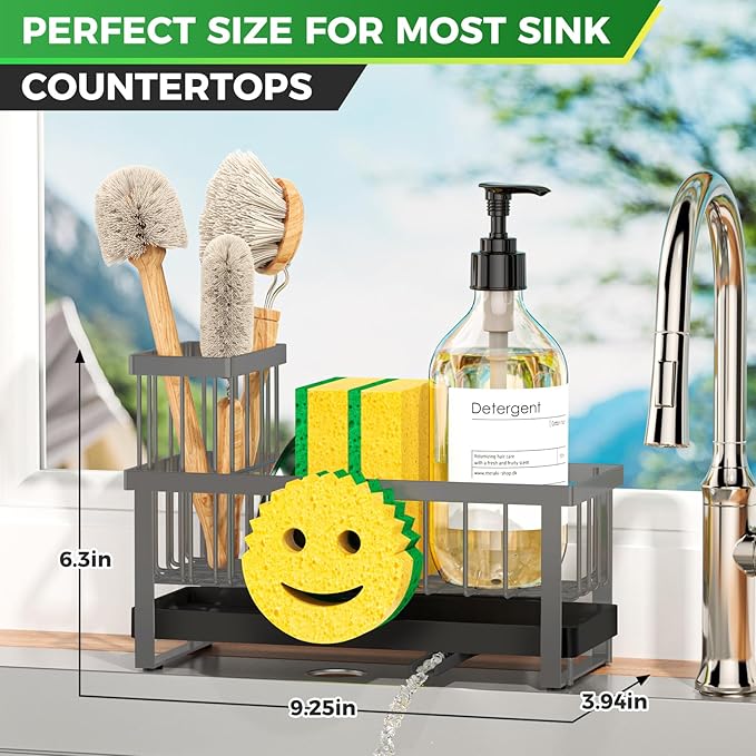 Sponge Holder for Kitchen Sink,Sink Caddy with Removable Dish Brush Holder,Self-Draining Kitchen Countertop Organizers and Storage Essentials,Soap Dispenser Organize and Home Decor-Gray - Image 2